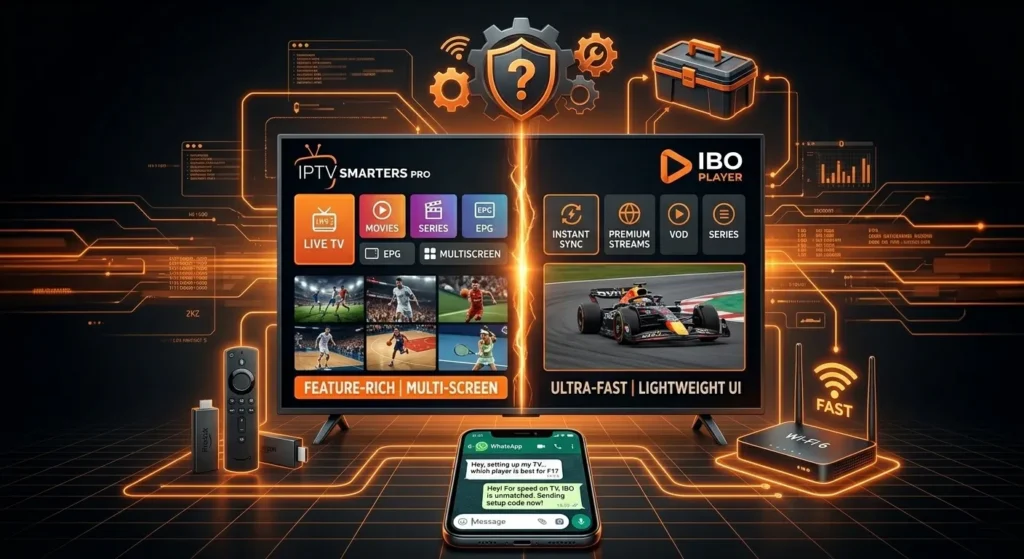 IPTV Smarters Pro and IBO Player application layout screens shown side-by-side on a premium smart TV dashboard layout.