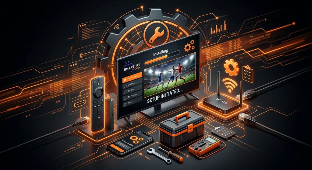 Technical IPTV setup diagram with a smart TV displaying an app installation, an Amazon Firestick, a Wi-Fi 6 router connected via Cat6 Ethernet cables, and technician tools on a dark orange grid layout.