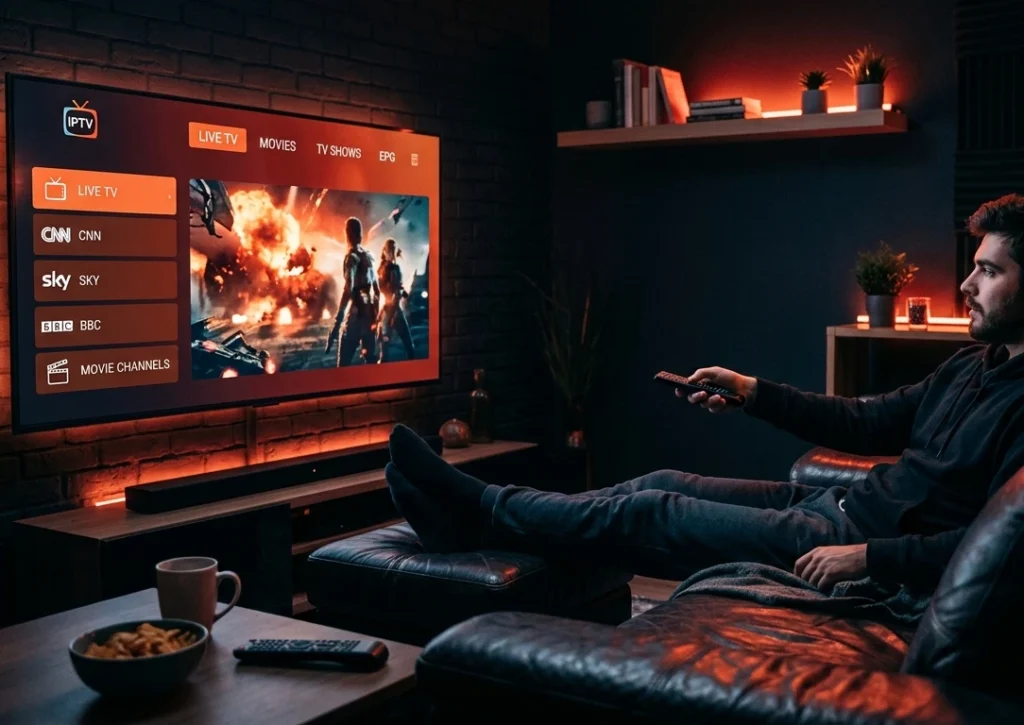 A man watching an IPTV streaming service in a dark living room with dramatic orange accent lighting.