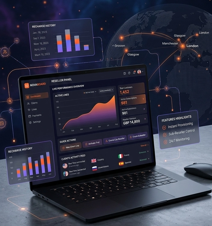 Premium IPTV reseller panel dashboard displayed on a sleek black laptop with live analytics graphs and server locations